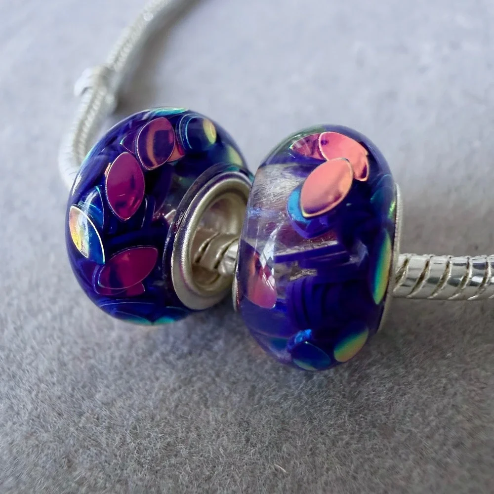 2 PCs Purple Iridescent Confetti Spacer Bead Charms fits PANDORA